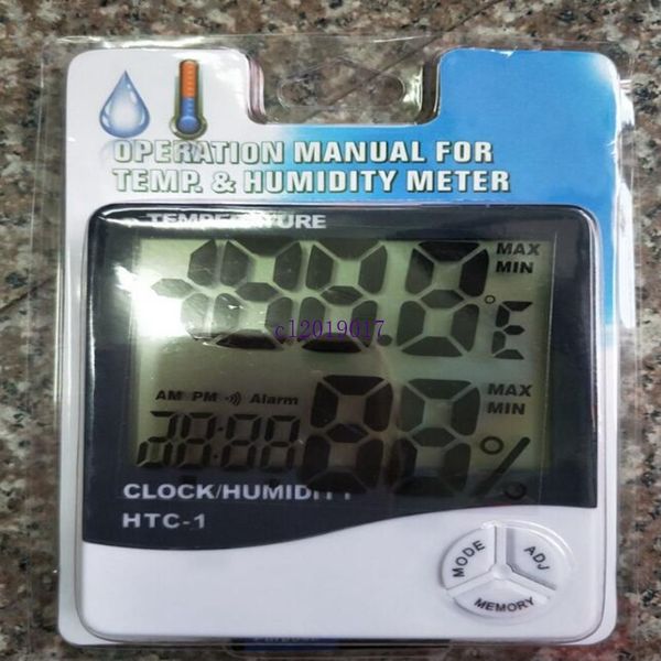 1000pcs Digital Temperatura LCD higrômetro relógio medidor de umidade termômetro com relógio calendário alarme HTC-1