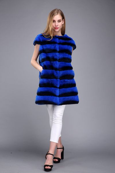 

lady women real rex rabbit fur chinchilla color long vest outwear fluffy furry winter womens gilet royal blue, Black;white