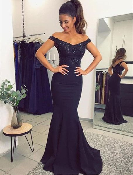 

navy blue mermaid evening dress 2019 elegant v-neck off the shoulder satin long prom party dresses wedding guest gowns, White;black