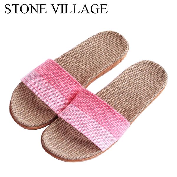 

stone village linen slippers wooden floor mute indoor shoes non-slip thick bottom summer home slippers men women, Black