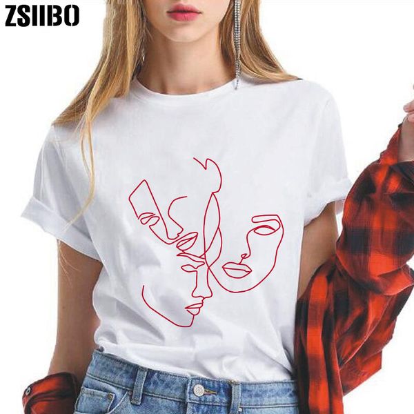 

abstract line printing summer women's harajuku short-sleeved black fashion fun retro loose large size s-2xl women's t-shirt, White