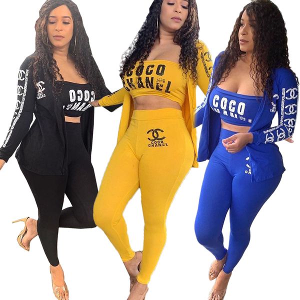 

Brand de igner women 3 piece et jacket legging che t wrap weat uit letter print weat hirt bra pant outfit fall winter clothe 2260, White