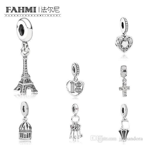 

fahmi 100% 925 sterling silver eiffel tower cute pig poppins umbrella birdcage love key cross women charm diy love charm ing, Black