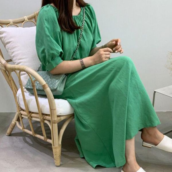 

casual loose a line green dress summer 2020 slash neck date women long maxi dress korean janpan lady, Black;gray