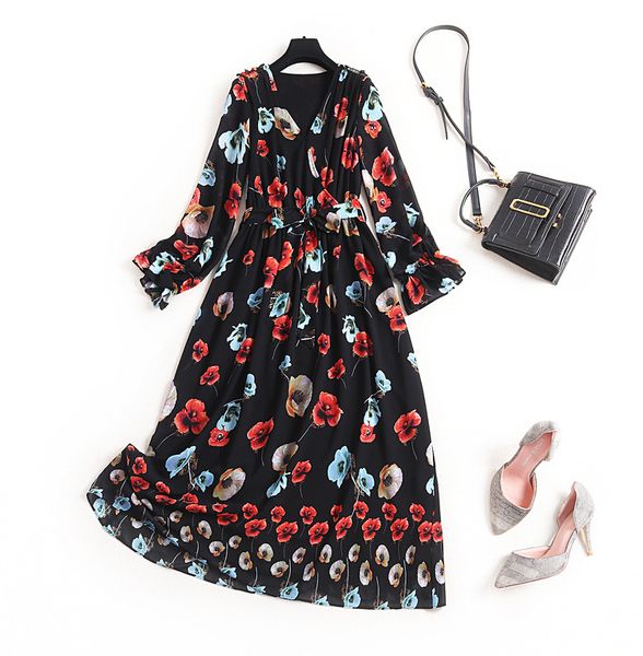 

v-neck high waist printed chiffon dress 2020 spring women ruffle sleeve dress fashion elegant vintage clothes new, Black;gray