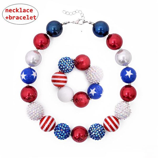 Girl Chunky colar pulseira 2 pcs conjunto EUA bandeira bolha beads boutique jóias conjuntos crianças menina de menina