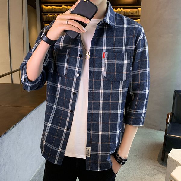 

summer shirt male plaid pocket front men clothes slim fit men 3/4 sleeve shirt casual social plus size -4xl, White;black
