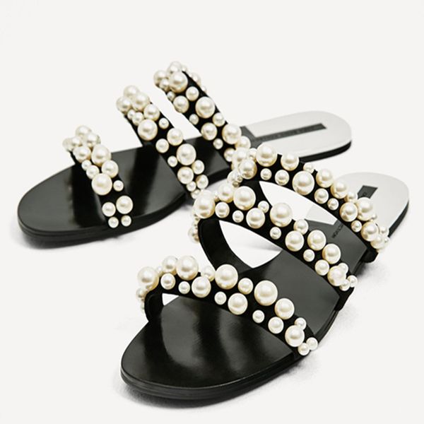 

fashion summer beach party dresses shoes fulgurant pearl sandals thin belt roman flat women flip flops casual flat slippers, Black
