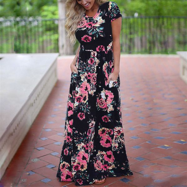 

women long maxi dress 2020 summer floral print boho beach dress short sleeve evening party dress tunic vestidos plus size xxxl, Black;gray
