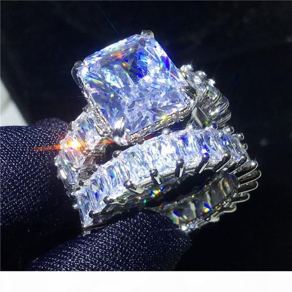 

vecalon vintage ring sets 925 sterling silver princess cut diamond engagement wedding band rings for women men jewelry, Slivery;golden