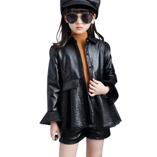 

4-12 years girls pu leather jackets cute lace patchwork long red coats children's bell sleeve single-breasted outerwear for kids, Blue;gray