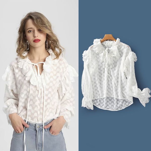 

women's blouses & shirts chiffon blouse women for 2021 see-through solid white dot v-neck ruffled fringed sweet elegant