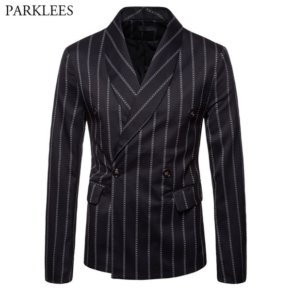 

mens shawl collar double breasted striped suit jacket 2019 spring new slim fit blazers mens party wedding mariage blazer hombre, White;black