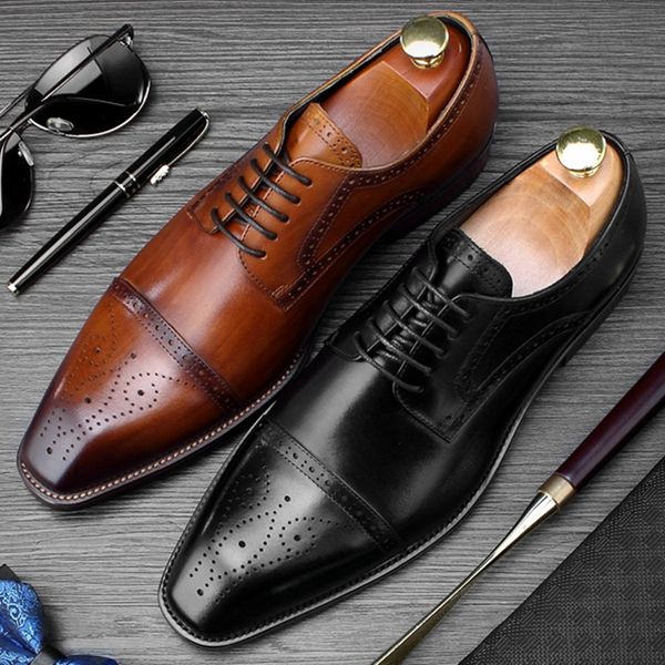 

vintage carved man formal dress shoes genuine leather handmade footwear square toe men's wedding party semi brogue flats ss469, Black