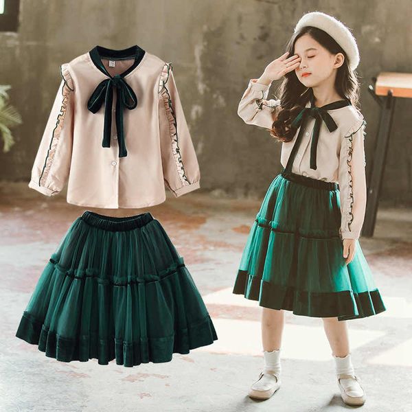 

fashion princess clothing set girls bow blouse and solid lace skirt two piece girl set spring autumn school teenage skirt sets t200526, White