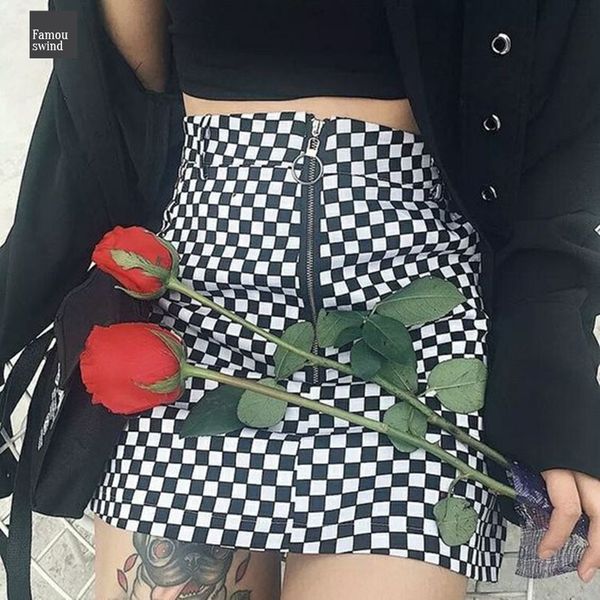 

high checkerboard waist skirt summer saia mini skirt zipper checkered skirts womens short bottom gothic, Black