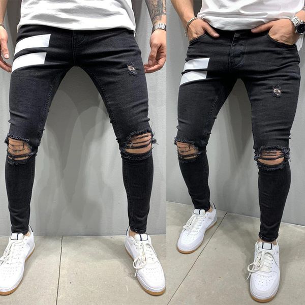 

high-quality european and american mens jeans ripped elastic feet jeans striped print new men skinny pants hommes, Blue