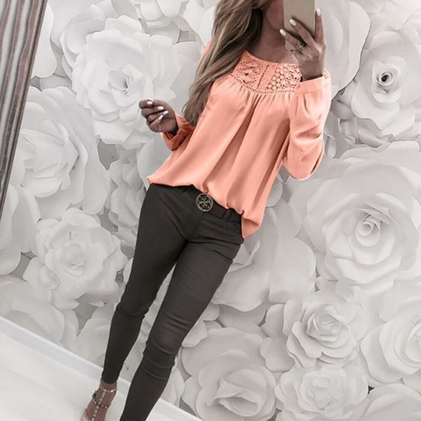 

2019 new women solid lace hollow out shirt long sleeve t-shirt blouse ladies girl women, White