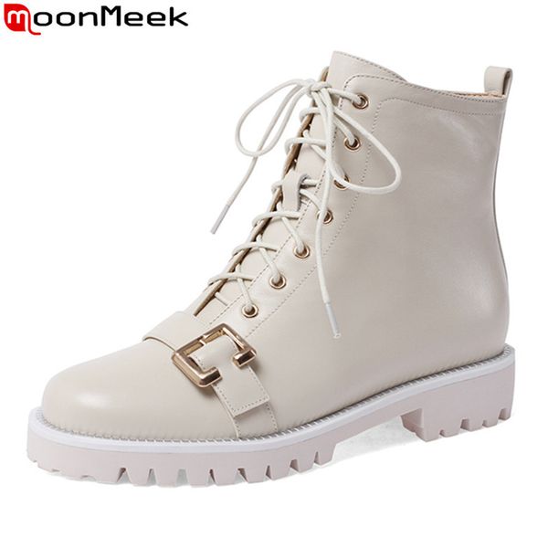 

moonmeek 2020 autumn new arrive fashion genuine leather ankle boots comfortable low heel round toe buckle leisure women boots, Black