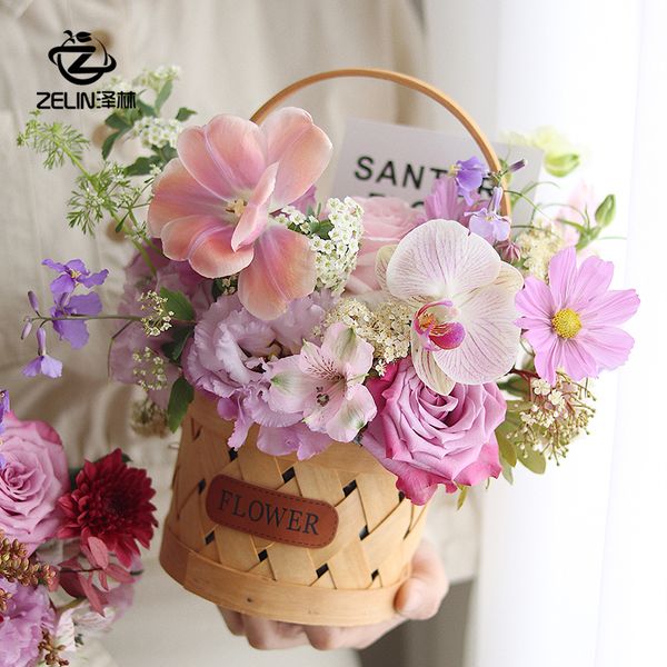 

wedding party supplies handmade woven wooden basket wedding favor rustic hand-held flower bouquet baskets florist decoration