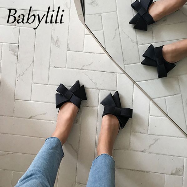 

women's shoes bow tie korean silk satin pointed slippers 2020 spring and summer beach slides baotou flat heel sets semi slippers, Black