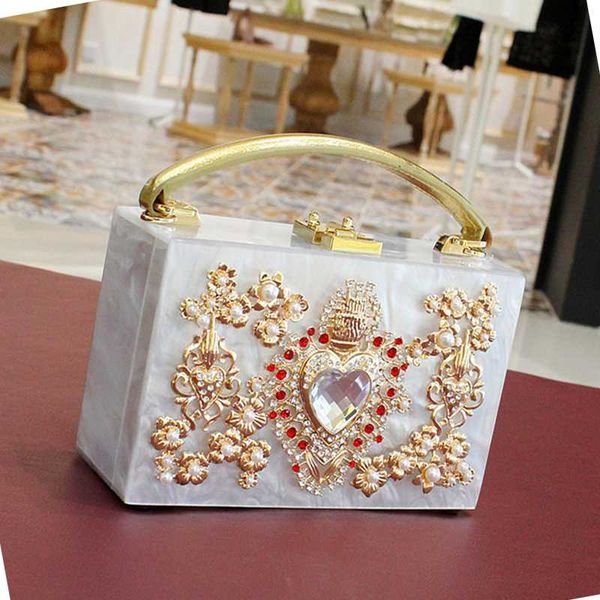 

luxury fashion pearl red hearts handbag diamond acrylic ladies shoulder bag party totes messenger bag flap purse clutch 8140