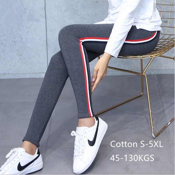 

леггинсы для женщин высокого качества хлопка гетры side stripes женщины legging штаны высокой талии фитнес леггинсы слива женщины плюс разме, Black
