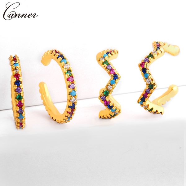 

rainbow zircon cuff earrings for women gold circle wave ear cuffs colorful cz crystal clip earings 2019 no pierced jewelry q40, Silver