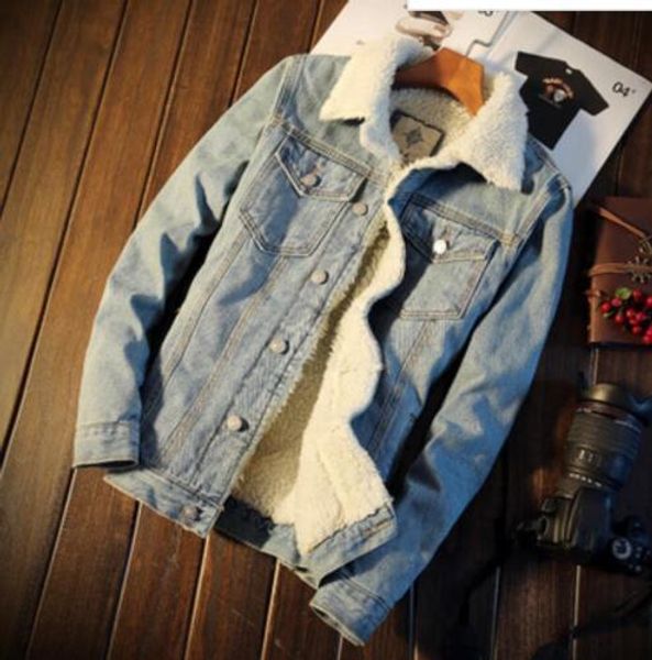 

new men's fleece lined winter warm coat trucker denim/jean jacket fur collar, Black