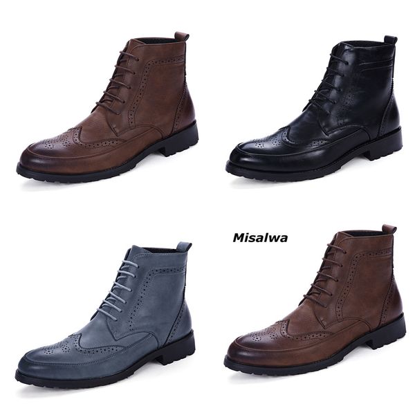 

misalwa new men pu leather ankle oxford boots british style male casual lace up derby shoes retro carved flower brogue shoes, Black