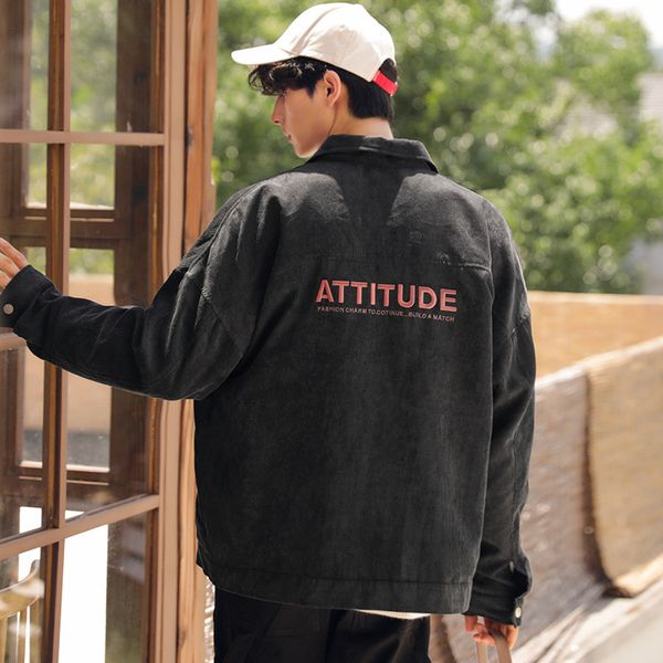 

for jacket autumn new lettered embroidered corduroy cardigan fold-down collar cowboy casual top, Black;brown