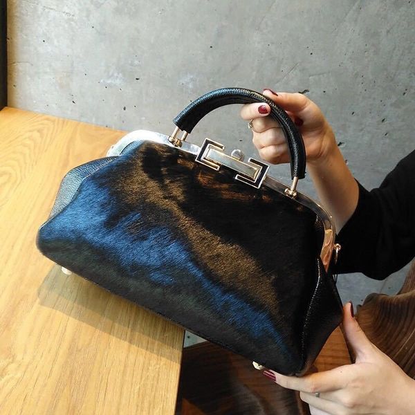 

telastar] 2019 horsehair shoulder woman bag temperament portable boston purse frame bag genuine leather and fur winter handbag