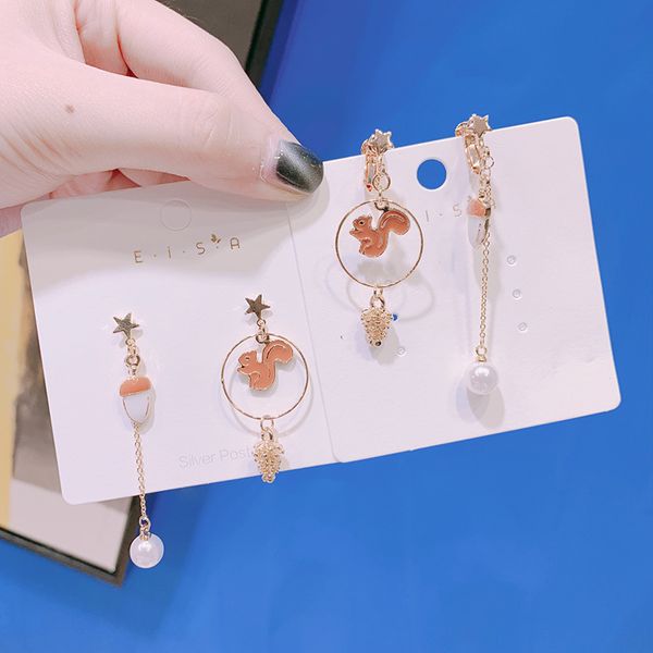 

7823 origional girl's heart japanese korean mori series squirrel cute elegant fresh silver needle earrings pierceless clip-on