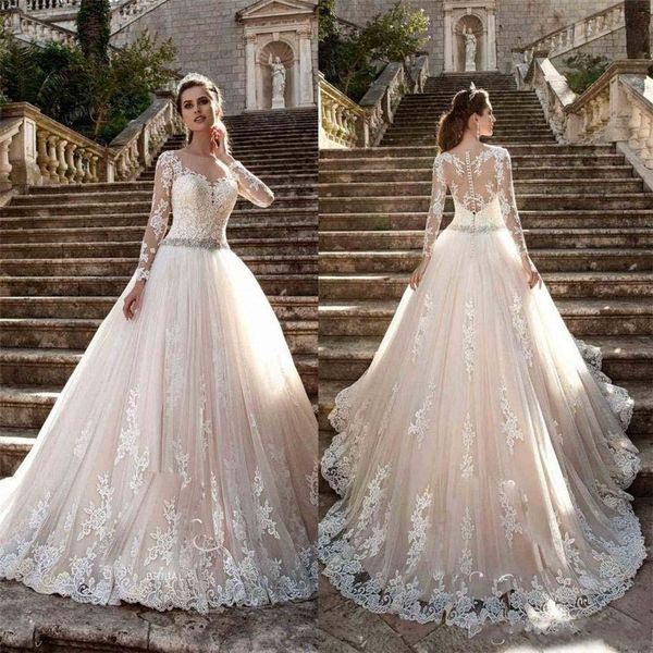 

Sheer Crew Neck Long Sleeves Wedding Dresses See Through Button Back Vintage Lace Wedding Dresses Vestios De Novia Bridal Gown