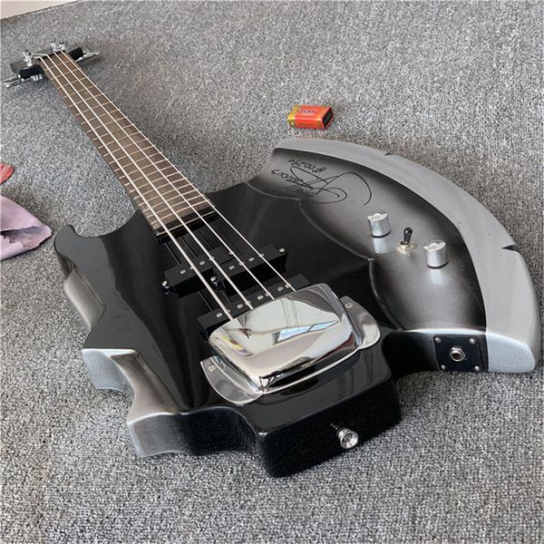 

heavy metal chopper gene simmons axe electric bass guita black 4 strings electric bass guitar chrome pickup cover strings thru
