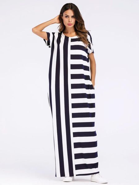 

2018 Summer Women Casual Short Sleeve O-Neck Maxi Dress Loose Stripes Pockets Long Dresses
