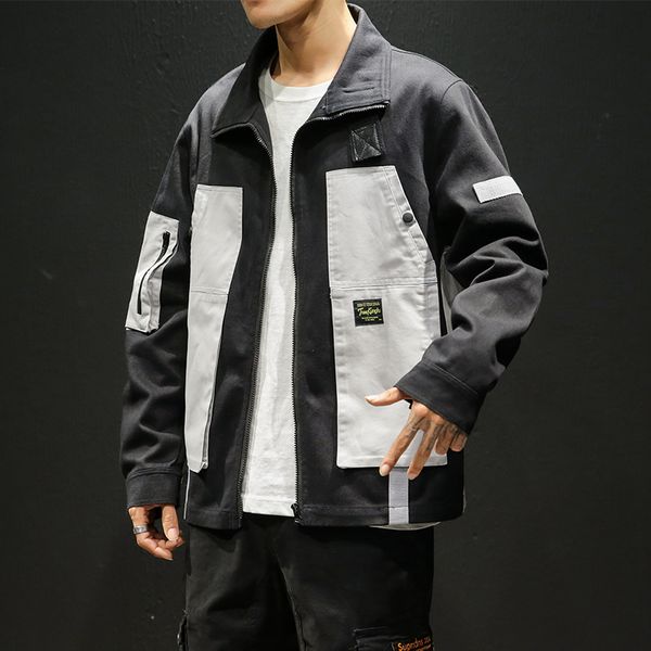 

2020 new spring autumn patchwork jackets men casual loose men jacket turn-down collar fashion male outwear asian size, Black;brown