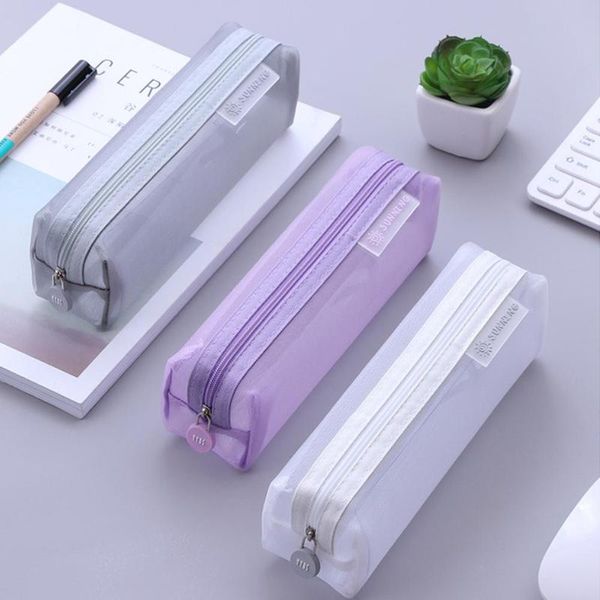 

1piece cute solid color transparent stationery bag pencil bag colors simple mesh student stationery a school office of vari x5d9