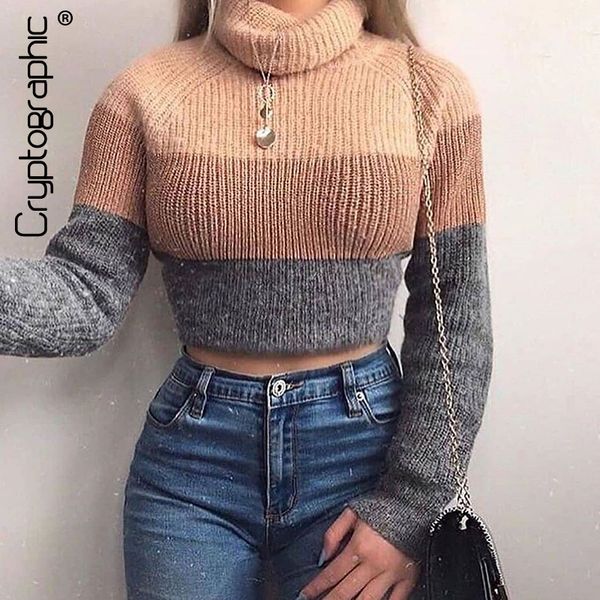 

cryptographic fashion women's turtlenecks sweaters striped long sleeve knitted pullovers females jumpers cropped sweaters fall, White;black