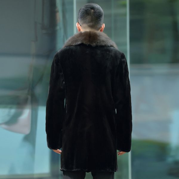 

двубортный искусственный мех воротник мужская шуба деловой человек пальто плюс размер s-6xl sobretudo masculino зимние толстые теплые пальто, Black