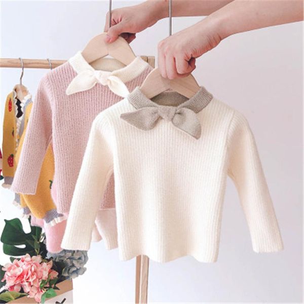 

sweet autumn winter bowtie sweater for girls baby kids children 2020 knitwear knit velvet pullover basic sweaters 4269, Blue