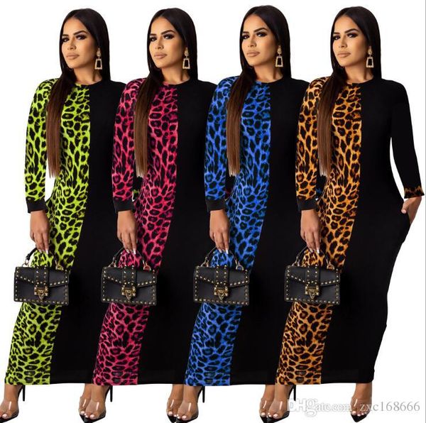 

new popular women leopard contrast print bodycon dress crew neck long sleeves pencil dress women party dress casual dresses