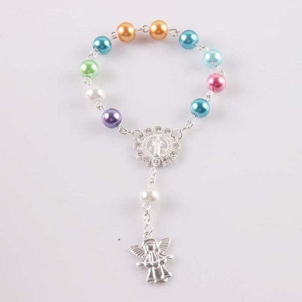 

10 pcs religious bracelet colorful glass pearl imitation rosary children's communion baby's baptism favors catholic mini rosary, Golden;silver