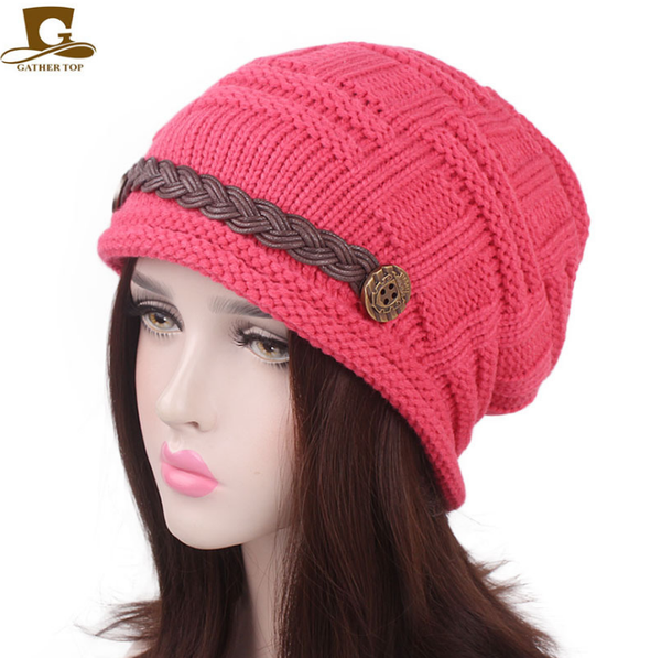 

autumn and winter new women's knitted wool hat twisted leather buckle wool hat fashion solid color windproof antie earm, Blue;gray