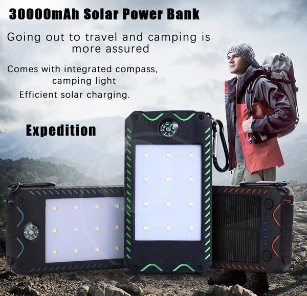 

sell 30000mah solar power bank dustproof waterproof portable charger with led compass for xiaomi mi 9 8 iphone battery bank