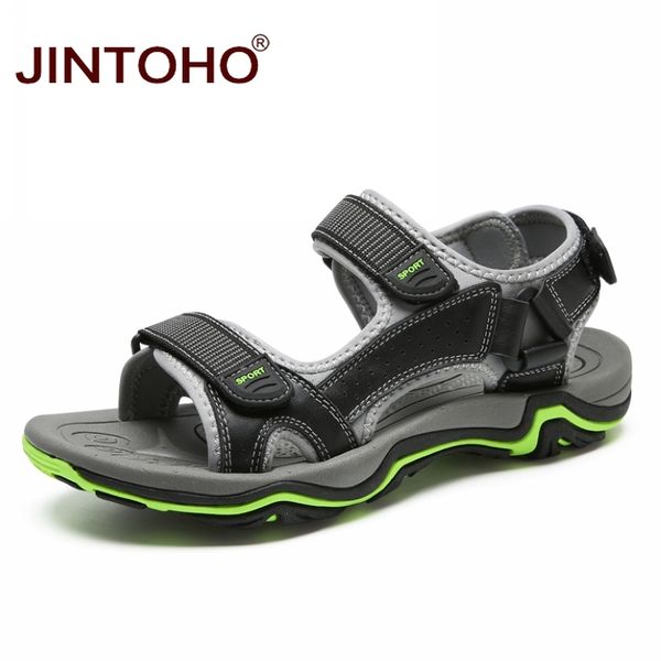 

jintoho new fashion summer leisure beach men shoes male leather sandals casual men genuine leather sandals, Black