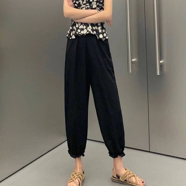 

2020 summer women comfy harem pants mid waist elastic drawstring solid color loose straight casual long nine pants, Black;white