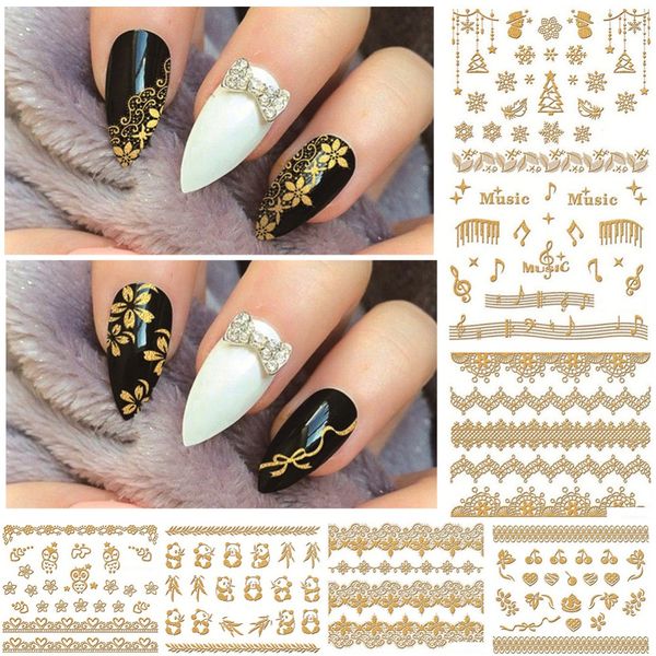 

7 styles 1 sheet nail art stickers gold lace flowers 3d wraps decal self adhesive charm panda music manicure slider decor tips, Black