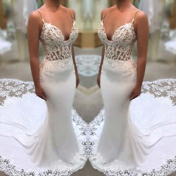 

Elegant Spaghetti Straps Lace Mermaid Wedding Dresses Illusion Satin Tulle Applique Court Train Wedding Bridal Gowns