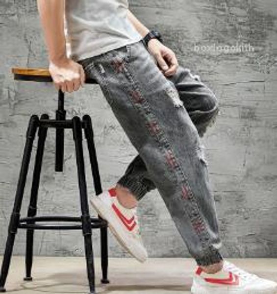 

mens designer ripped holes jeans loose distrressed denim pants fit multi pocket zipper fly jean male clothing, Blue
